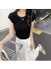 含棉短袖T恤新款设计感收腰显瘦褶皱短款背心上衣纯色辣妹圆领T恤