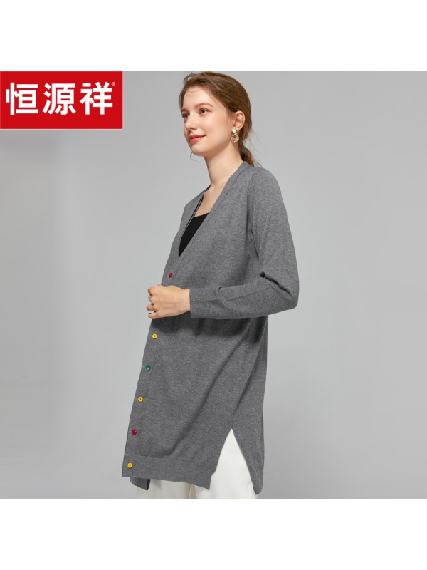 恒源祥2020春秋新款针织开衫女士中长款含羊毛彩色单排扣毛衣外套