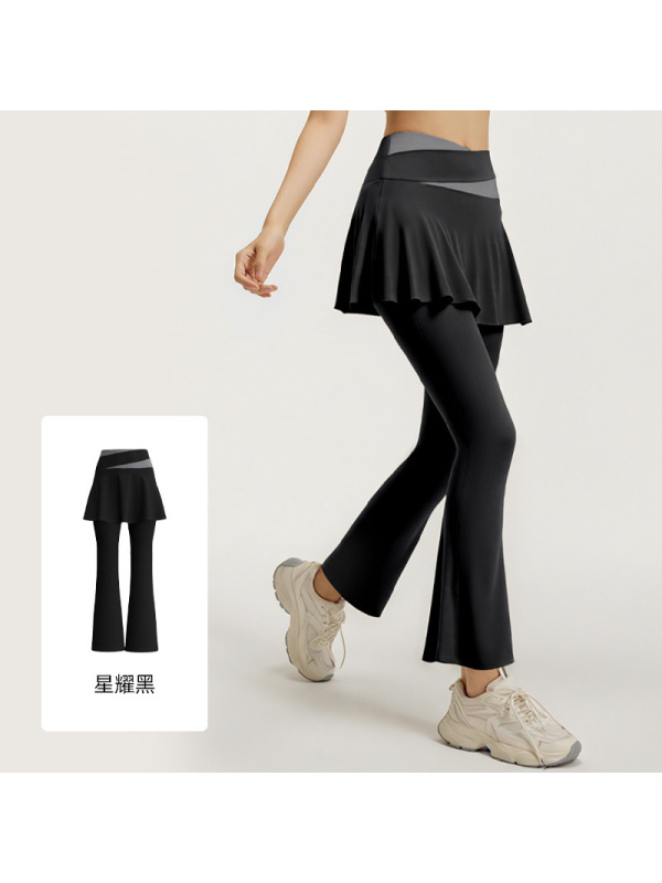 新款拼色喇叭裙裤高弹显瘦假两件高腰跑步健身瑜伽裤