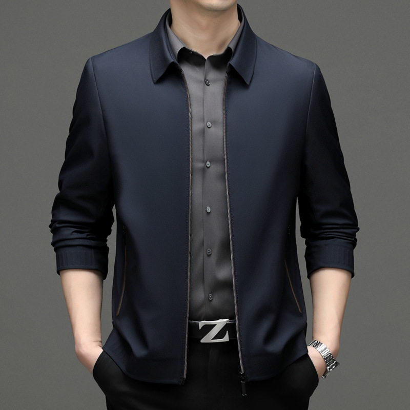 商务翻领行政夹克外套春季休闲简约男士光滑面料夹克纯色上班外套