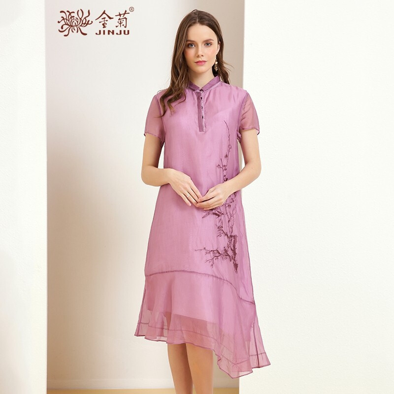 金菊女装春夏季新款真丝刺绣连衣裙短袖桑蚕丝中长款连衣裙中国风小方