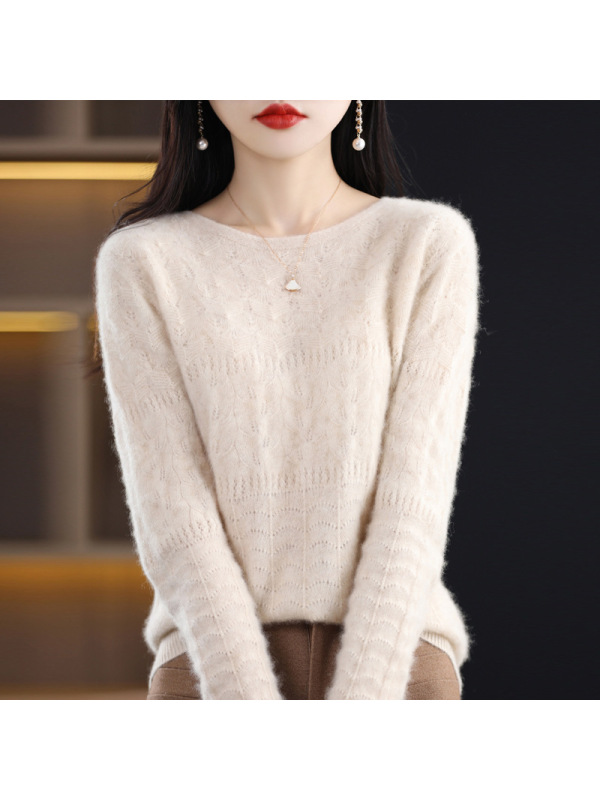 一线成衣羊毛衫女早春秋宽松圆领镂空长袖套头羊绒针织衫打底毛衣