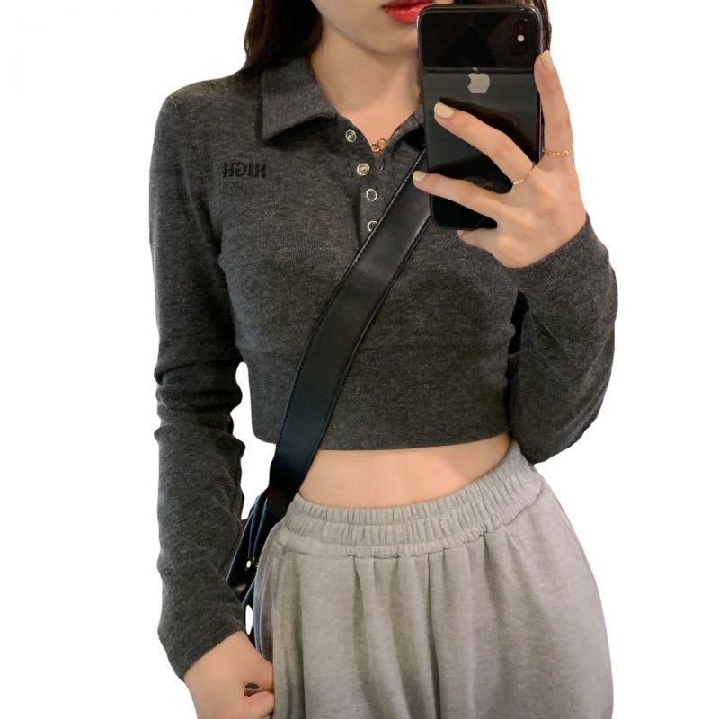 甜辣妹短款上衣女秋季设计感修身别致Polo长袖内搭打底针织衫图片
