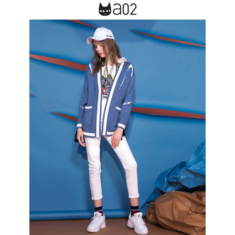a02新款个性撞色拼接字母抽绳卡通印花绑带卫衣女DTU5AA111KT