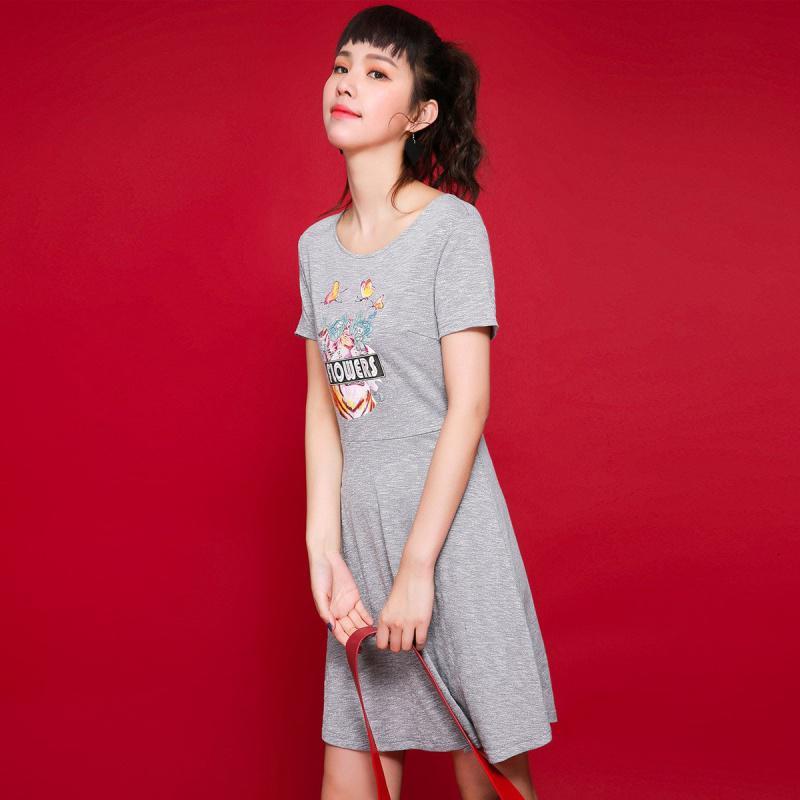 拉夏贝尔旗下candies春夏学院风圆领短袖印花女连衣裙