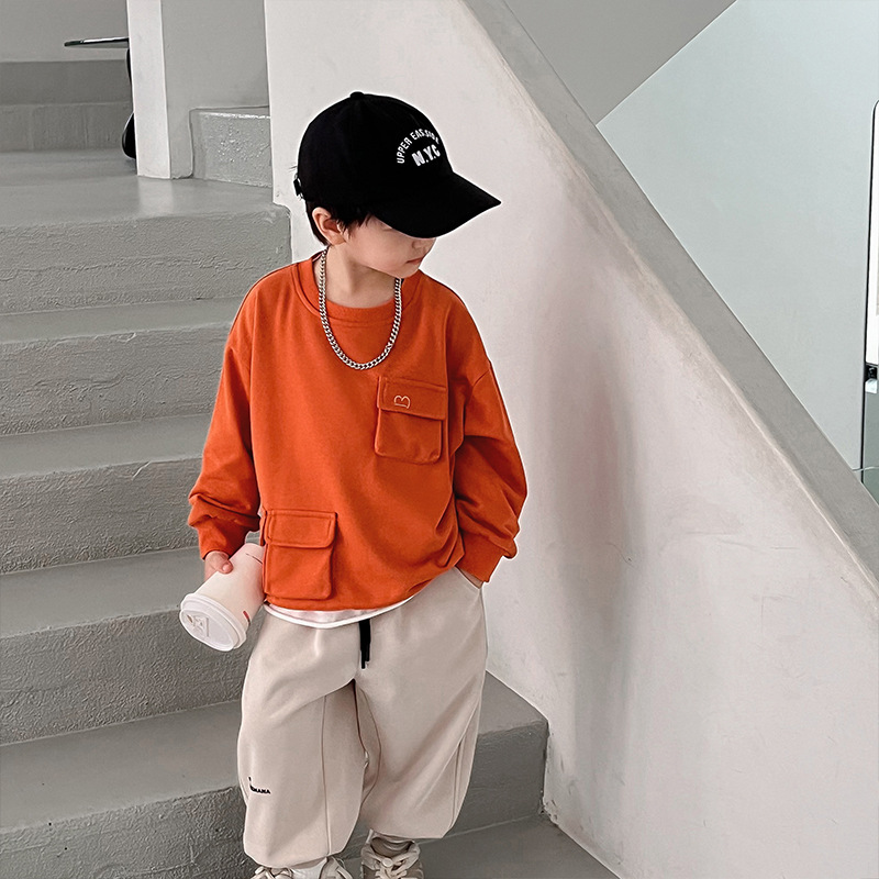 jusen shayu儿童卫衣2023童酷秋款新品洋气纯色宝宝上衣韩版口袋男童