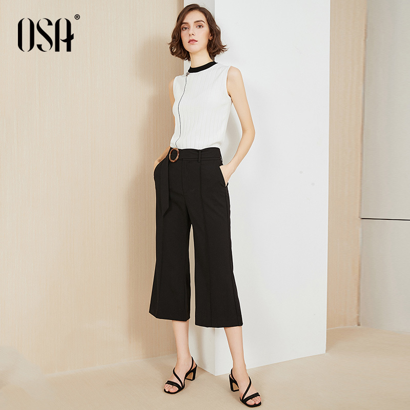 OSA欧莎高腰阔腿裤2019新款黑色七分休闲裤子女夏薄款宽松显瘦