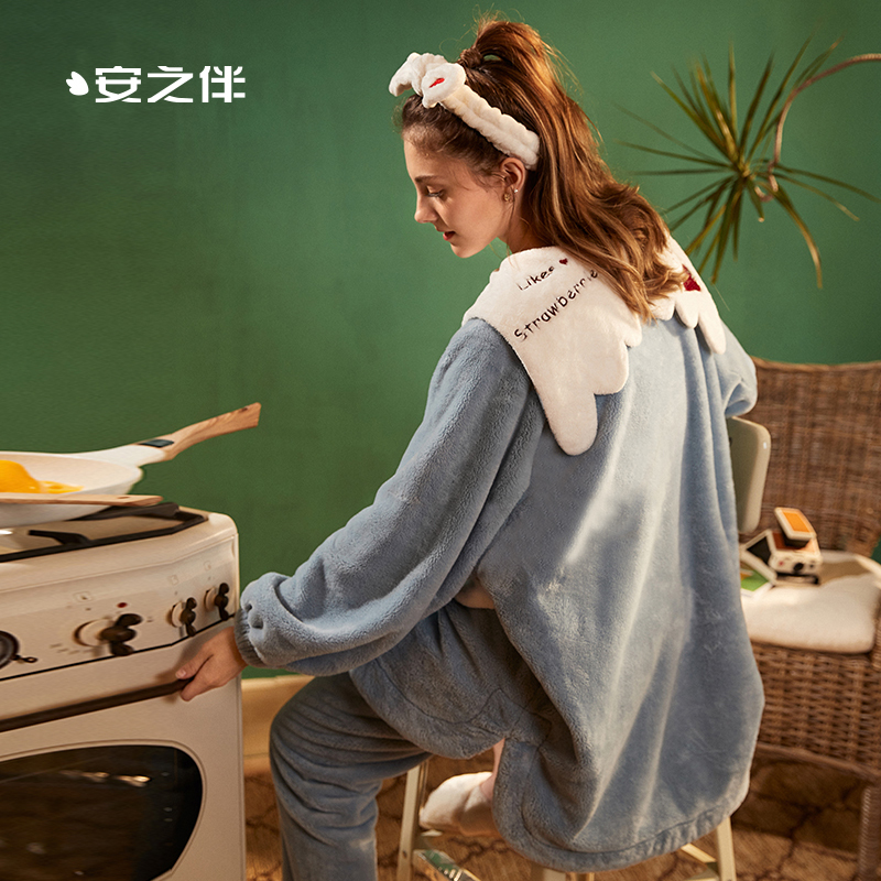 安之伴珊瑚绒睡衣女秋冬娃娃领加厚保暖甜美卡通家居服休闲公主风