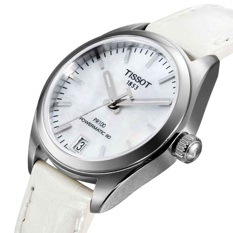 天梭tissotpr100系列自动机械贝母表盘皮带女士手表t1012071611100