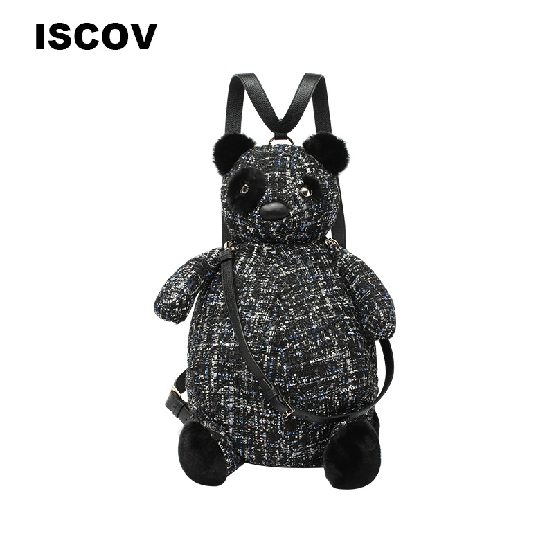 ISCOV立体狗熊造型双肩包春夏明星同款花呢背包