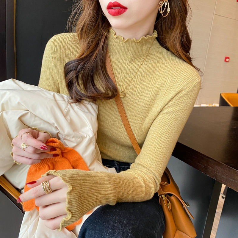 木耳边半高领毛衣女秋冬百搭针织衫洋气外穿上衣新款内搭打底衫