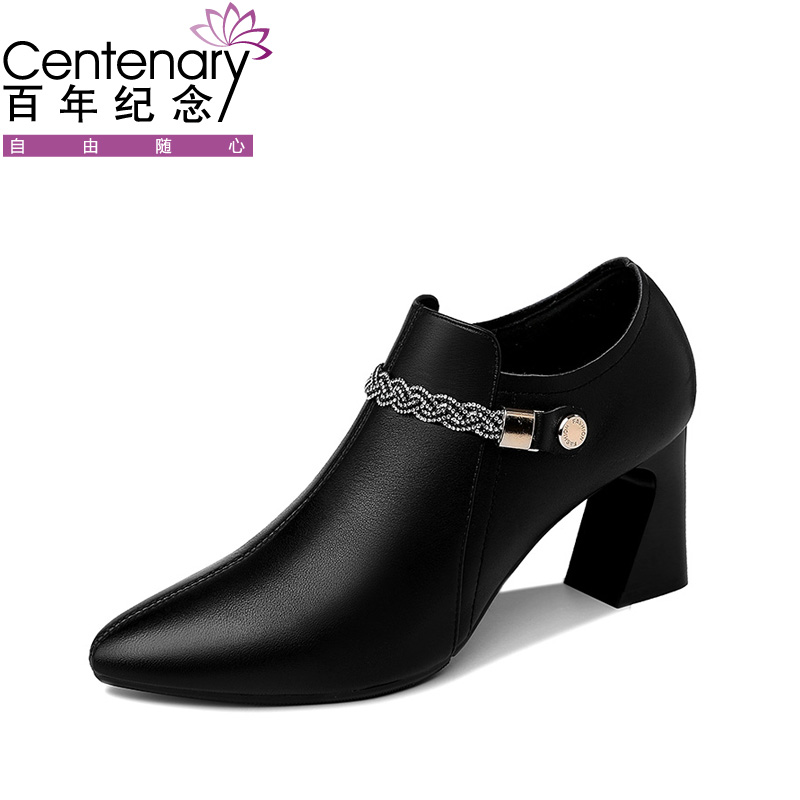 百年纪念centenary头层牛皮真皮时尚皮鞋尖头低帮职业鞋粗跟女单鞋