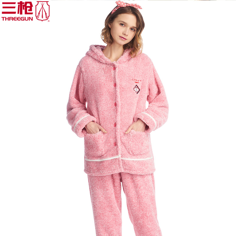 三枪加绒睡衣女冬季保暖花灰舒棉绒连帽男家居服套装海贼王87663d08