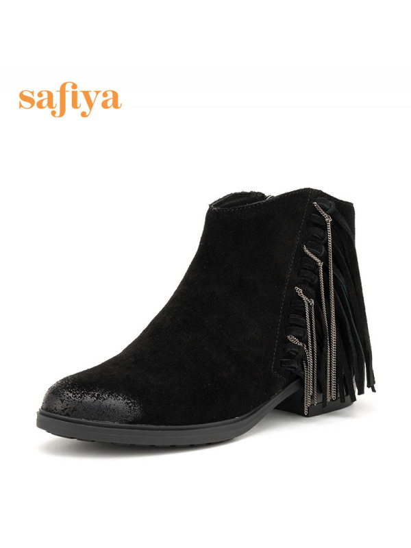 Safiya/索菲娅新款复古流苏尖头粗跟短靴女靴子SF64115048