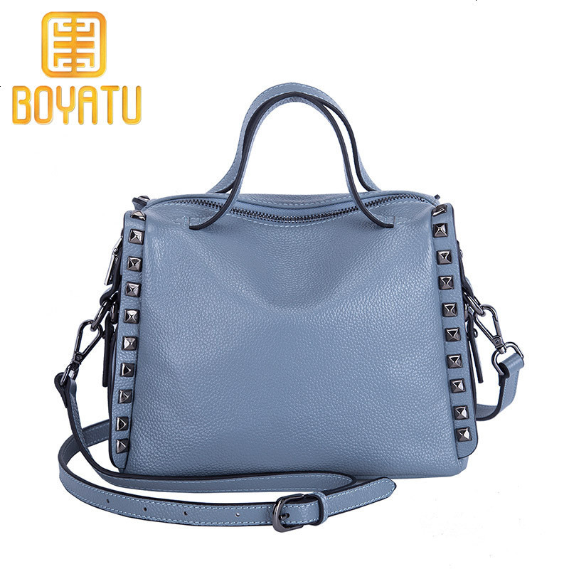 柏雅图（boyatu）单肩包女真皮女士手提包欧美时尚铆钉装饰牛皮小包女