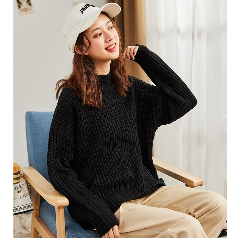 2019唐狮秋冬季新款毛衣女半高领粗线针织衫毛线衣上衣色黑色潮