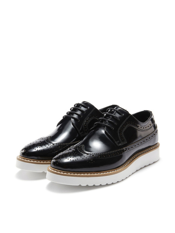 WIJI英伦风系带坡跟牛皮鞋漆皮休闲单鞋牛津鞋雕花布洛克商务女鞋