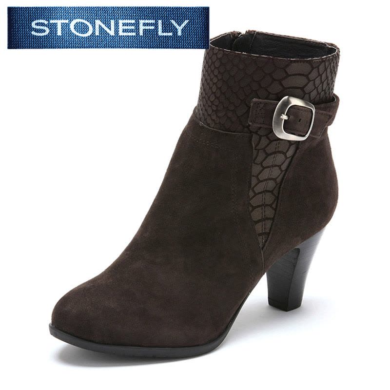 斯通富来STONEFLY冬季绒面羊皮革黑色短靴女中低跟SD44117049图片