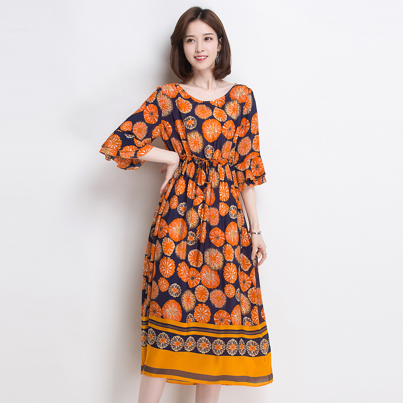 金菊女装真丝印花连衣裙女春夏新款桑蚕丝连衣裙女款圆领荷叶袖真丝