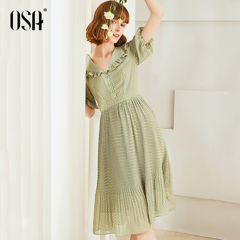 OSA欧莎牛油果绿连衣裙2019新款夏复古收腰显瘦雪纺裙子女小清新