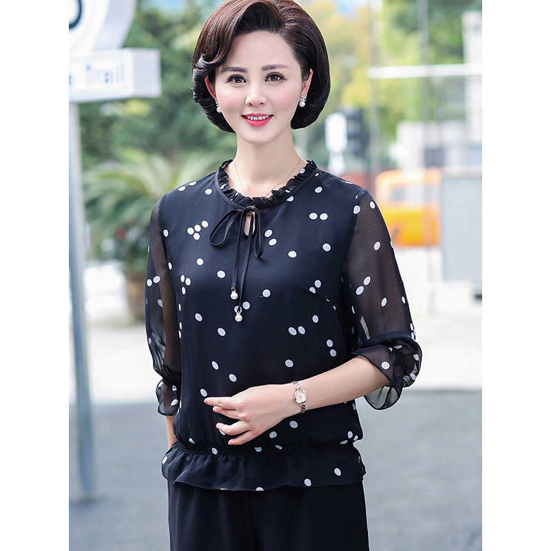 蓝旗/blueg中年妈妈夏装短袖两件套装时尚气质妇女中老年女夏季雪纺