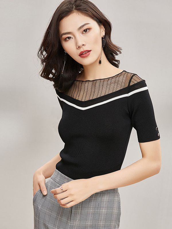 夏纱拼接一字领薄款针织衫女短袖百搭修身显瘦上衣