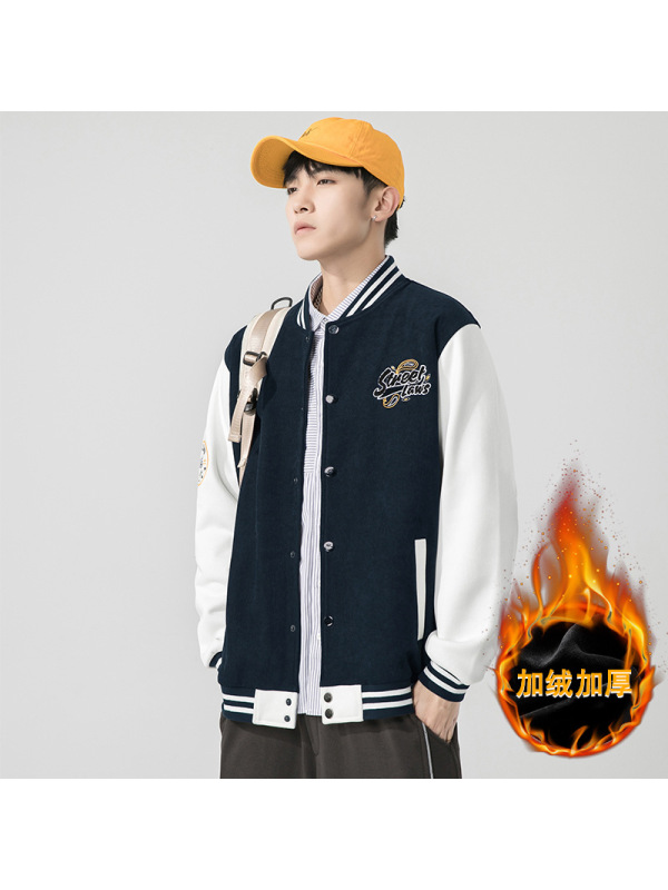 棒球服加绒外套男印花立领青少年男士上衣服宽松情侣夹克男装冬季