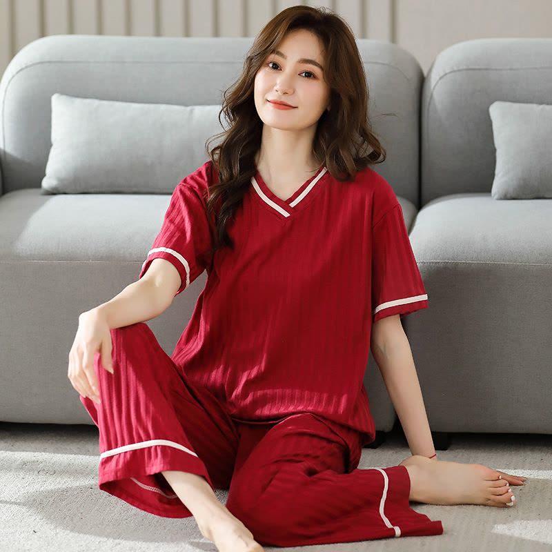 睡衣女夏季棉质薄款短袖长裤可爱卡通宽松加大码家居服套装可外穿图片