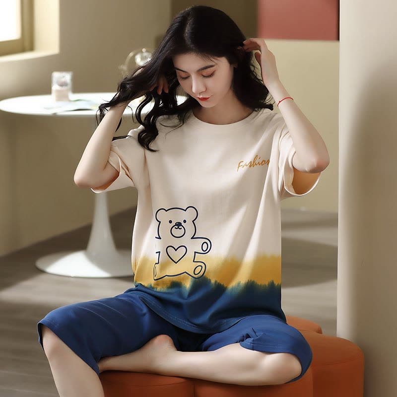 睡衣女士夏季棉质短袖七分裤韩版可爱宽松学生套装薄款青年家居服图片