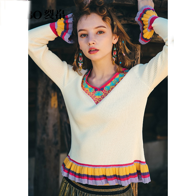 裂帛秋冬新款民族风气质v领彩色提花针织衫显瘦长袖毛衣