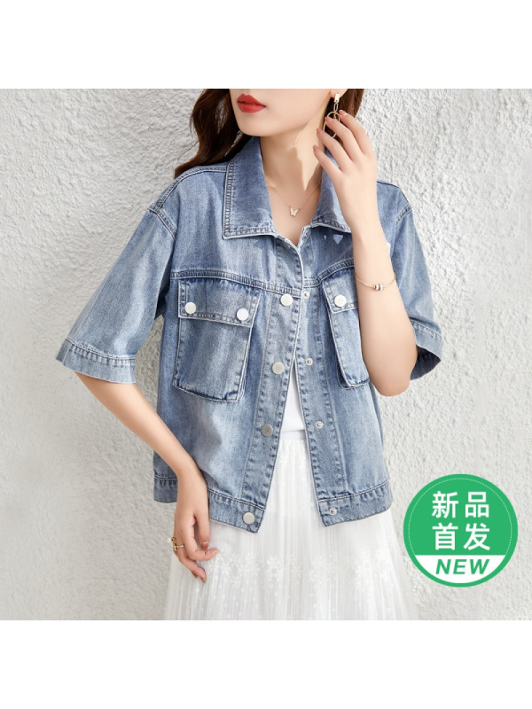 OUNIXUE欧昵雪 | [韩版休闲衬衣]夏季时尚气质宽松显瘦女式短袖牛仔衬衫