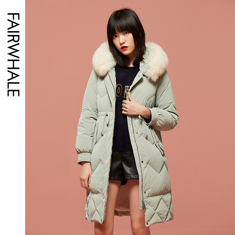 马克华菲女装2019新款冬季韩版时尚中长款收腰羽绒服女大毛领加厚