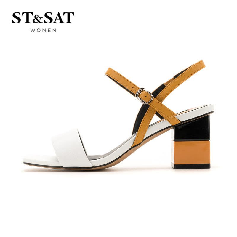 St&Sat/星期六夏季新款拼色露趾一字带粗高跟凉鞋SS82115443图片