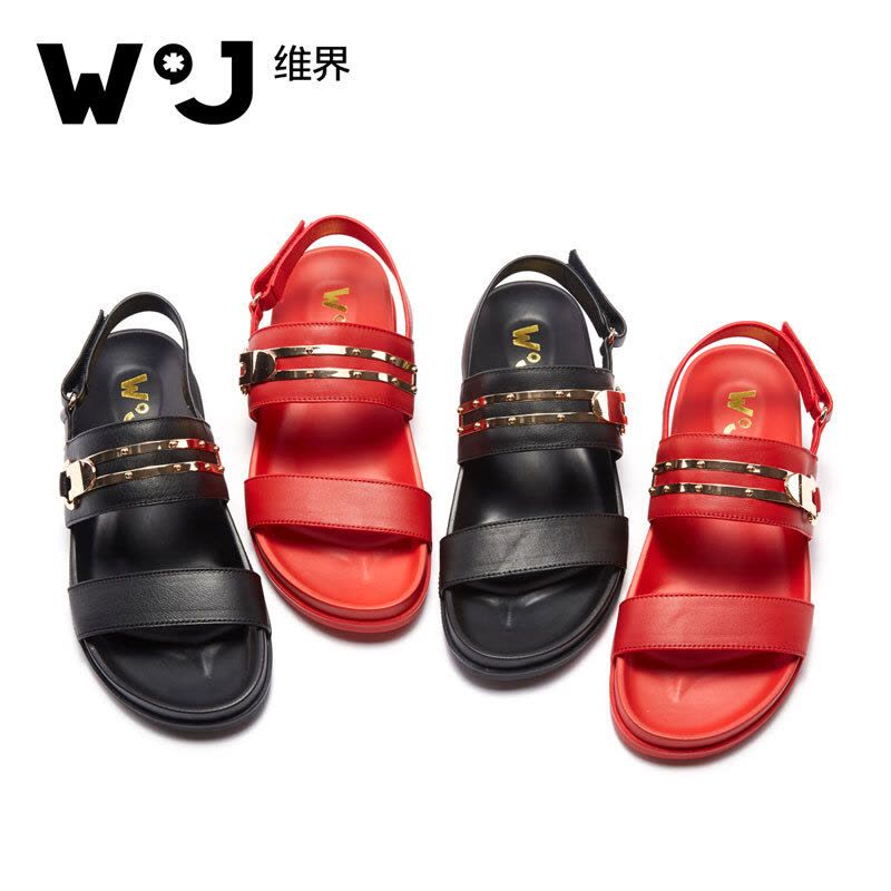 维界闪耀时尚金属横带牛皮凉鞋图片