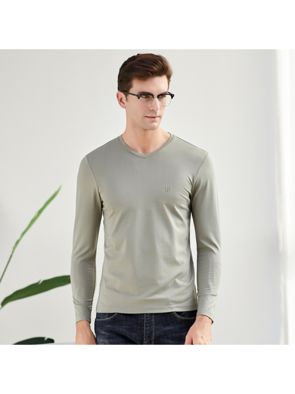 恒源祥男士长袖2020秋新款男桑蚕丝纯色打底宽松鸡心领上衣