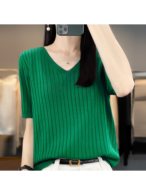 新款夏季V领冰丝短袖针织衫女式宽松T恤衫纯色薄款上衣