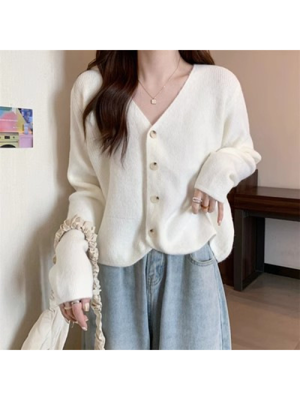 秋冬新款休闲韩版简约V领单排扣透气针织开衫长袖上衣女外套