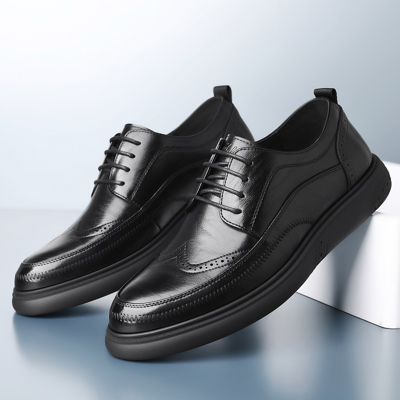mulinsen男鞋春夏新款皮鞋男系带布洛克黑色百搭时尚商务休闲鞋子软底
