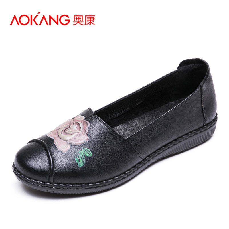 奥康女鞋舒适软底妈妈鞋平底防滑单鞋皮鞋女