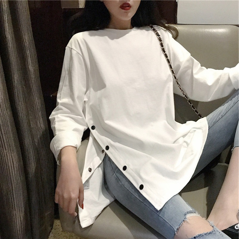 设计感韩国女装秋冬大码开叉打底衫中长款长袖白色T恤女纯色上衣