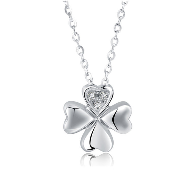 欧慕珠宝18k金白金纯金女士锁骨链幸运四叶草钻石吊坠项链oumu026