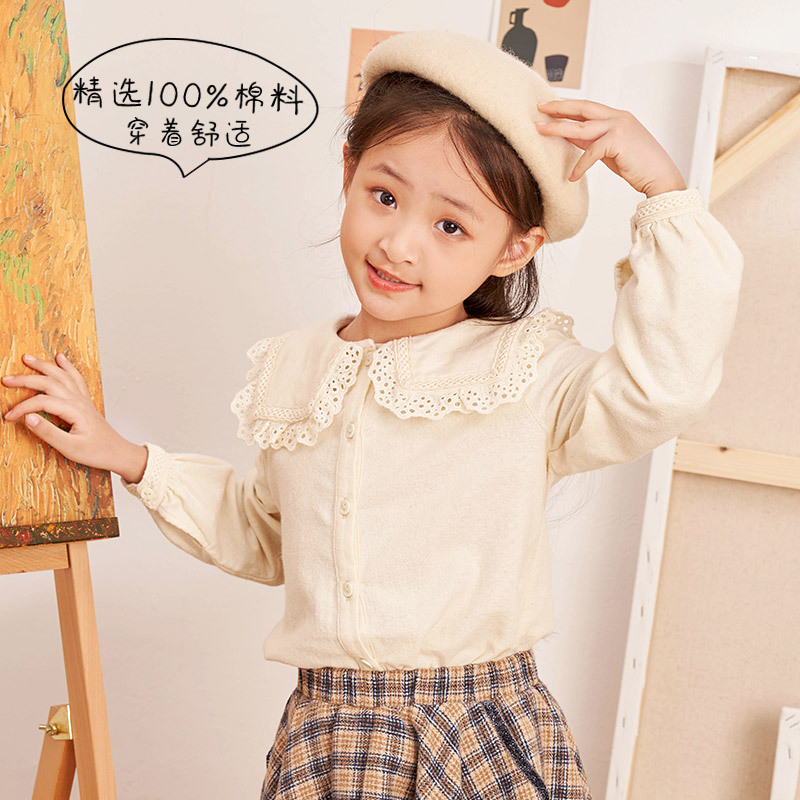 茵曼童装女童长袖衬衫2019秋公主女孩上衣翻领儿童开衫衬衣单排扣