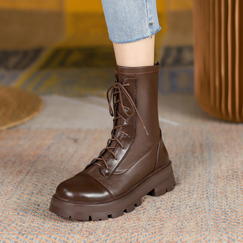 tiauny牛皮马丁靴女甜酷薄款英伦风厚底机车靴ann短靴系带靴子大码40