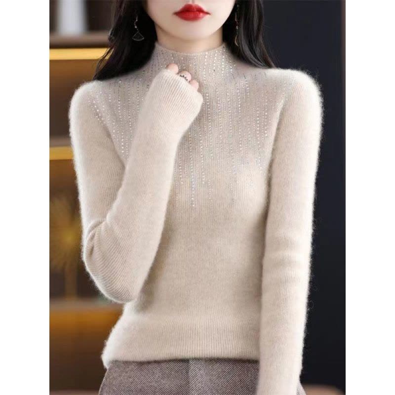 秋冬新款镶钻半高领针织衫女修身抽条长袖毛衣打底衫时尚洋气图片