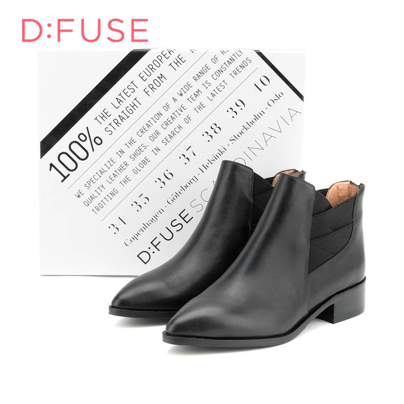 迪芙斯D:FUSE牛皮尖头中跟套脚纯色短靴女鞋DF64117203