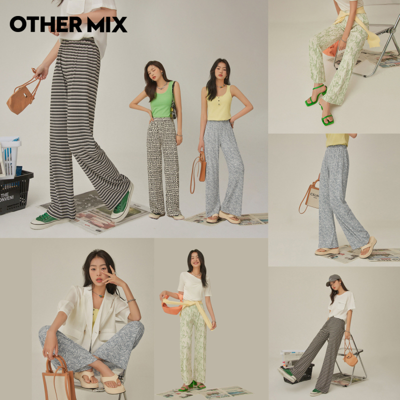 OtherMix肌理坑条印花休闲裤女2021年夏季新款高腰薄款阔腿裤子潮