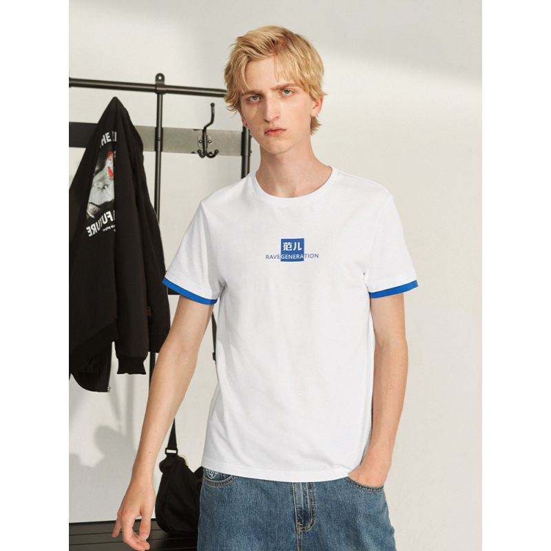 a21夏季新款男装假两件t恤男士圆领短袖上衣潮男打底衫白