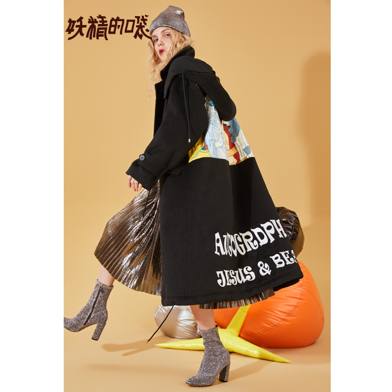 妖精的口袋Y秋冬毛呢外套女连帽中长款韩版冬装呢子大衣R_1