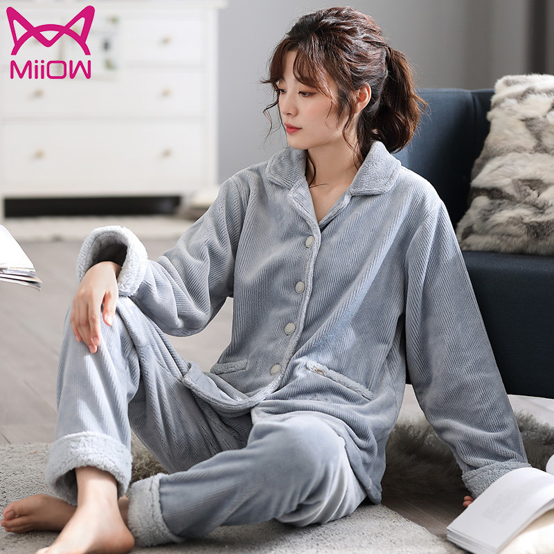 猫人秋冬珊瑚绒睡衣女长袖加厚保暖韩版宽松法兰绒家居服套装春
