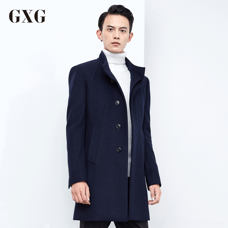 GXG毛呢大衣男装冬季男士藏青色中长款单排扣羊毛大衣
